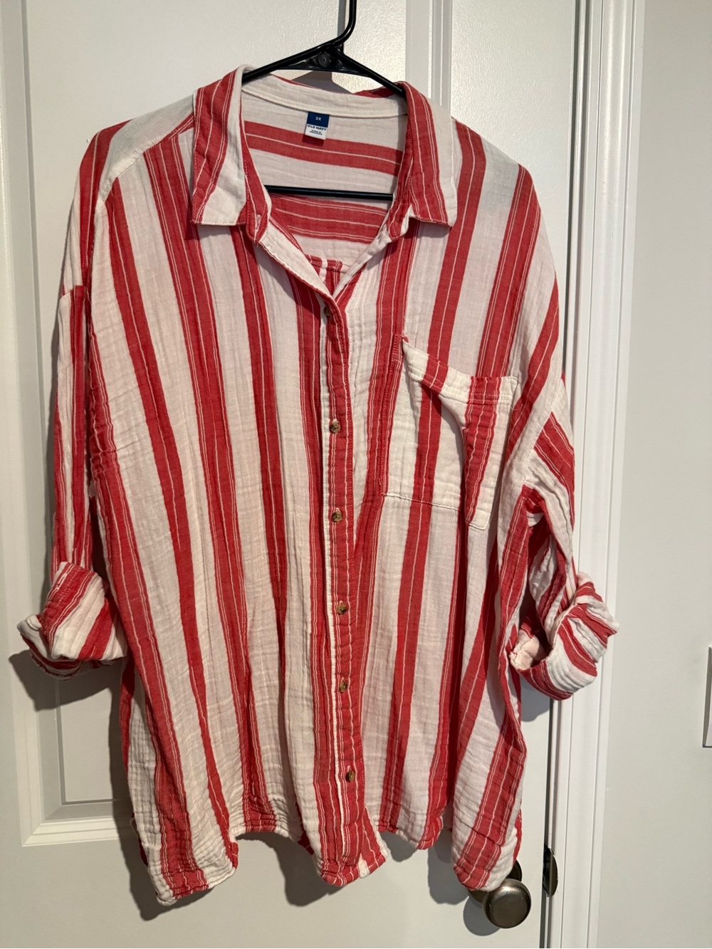 Old Navy Red and White Striped Casual Button-Down Shirt